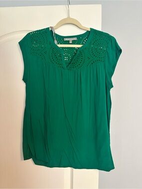 Daniel Rainn Emerald Eyelet Yoke Cap-Sleeve Blouse